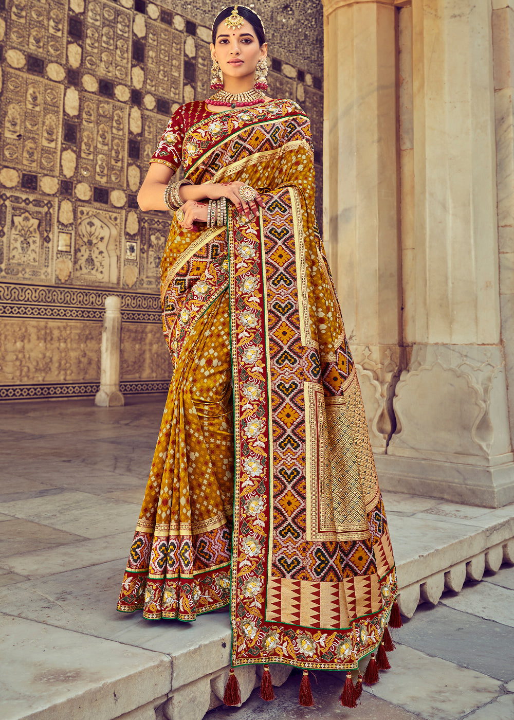Mustard Yellow Bandhej Patola Silk Saree with Mirror, Khatli & Cut-Dana work
