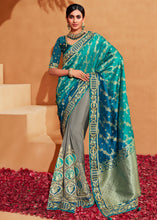 Load image into Gallery viewer, Grey &amp; Blue Half N Half Heavy Embroidered Banarasi Silk Saree