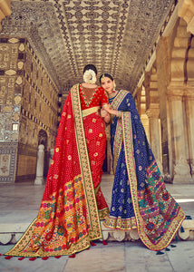 Berry Blue Bandhej Patola Silk Saree with Mirror, Khatli & Cut-Dana work
