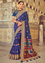 Load image into Gallery viewer, Berry Blue Bandhej Patola Silk Saree with Mirror, Khatli &amp; Cut-Dana work