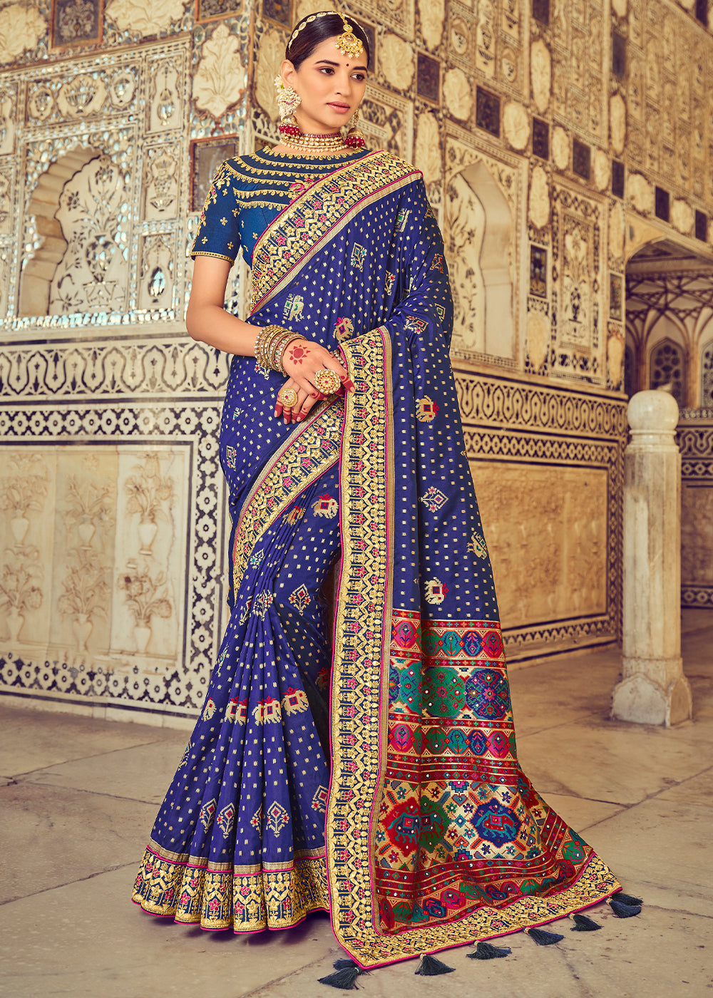 Berry Blue Bandhej Patola Silk Saree with Mirror, Khatli & Cut-Dana work