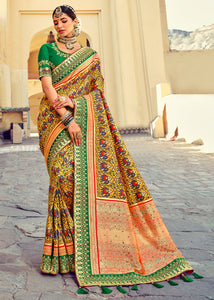 Canary Yellow Patan Patola Silk Saree with Mirror, Khatli & Cut-Dana work