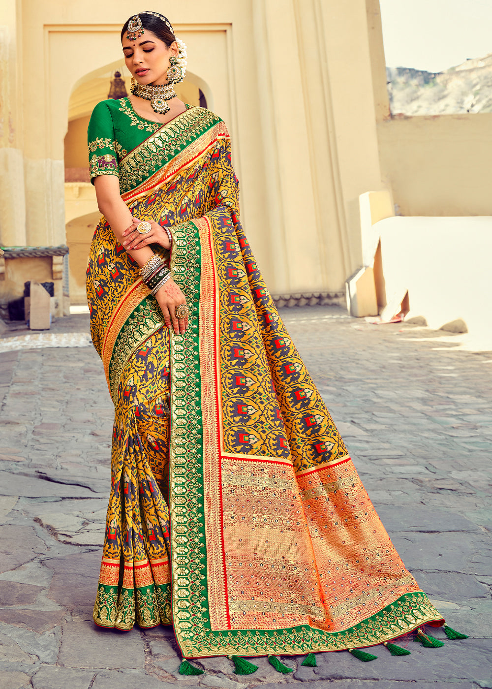 Canary Yellow Patan Patola Silk Saree with Mirror, Khatli & Cut-Dana work