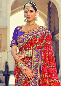 Crimson Red Bandhej Patola Silk Saree with Mirror, Khatli & Cut-Dana work