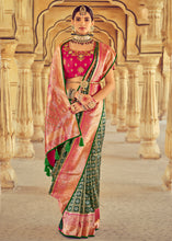 Load image into Gallery viewer, Green &amp; Pink Kanjivaram Silk Saree with Mirror, Khatli &amp; Cut-Dana work