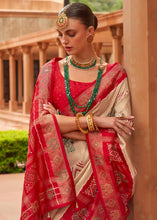 Cargar imagen en el visor de la galería, Beige Brown &amp; Red Printed Patola Silk Saree with Swaroski Work