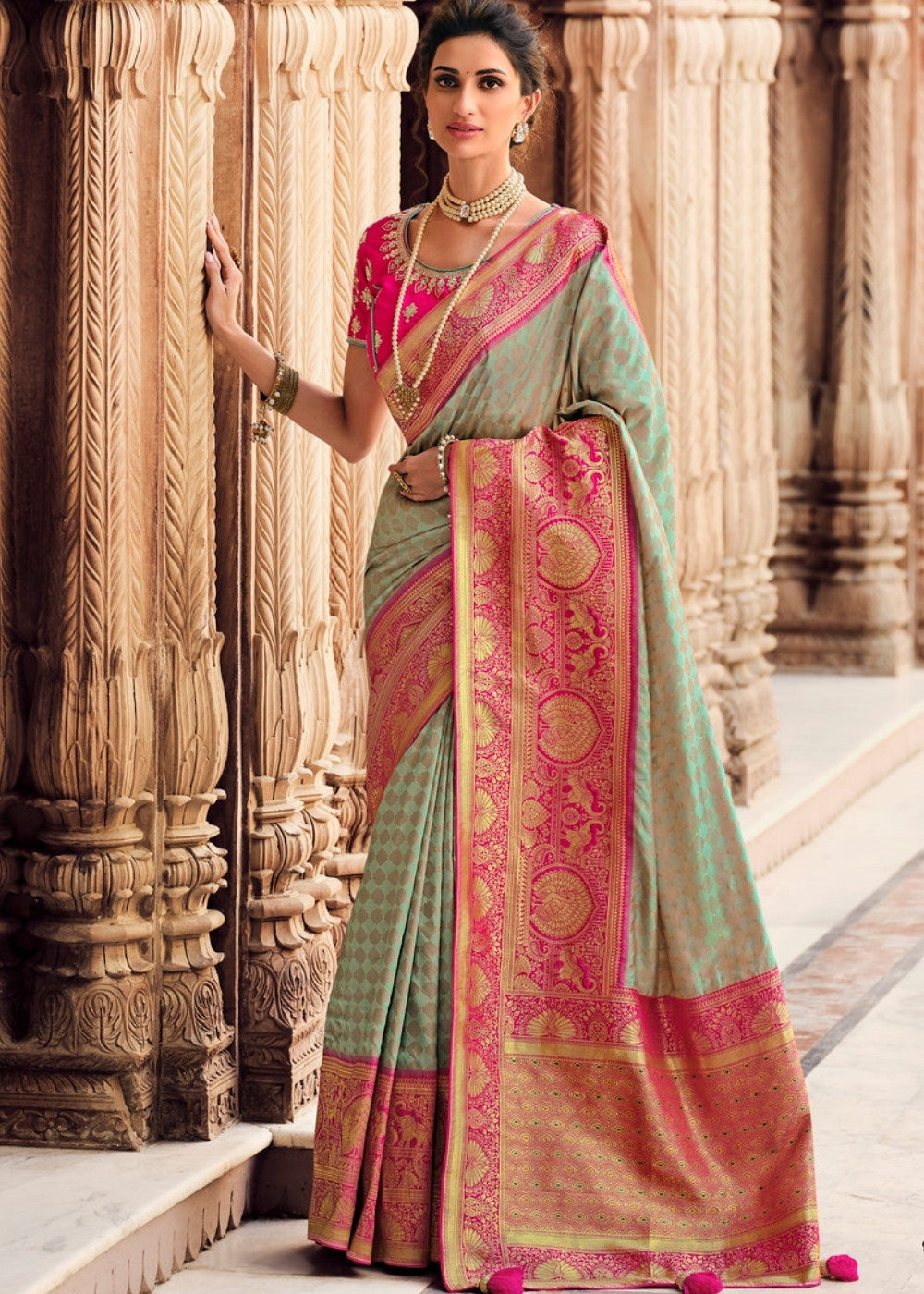 Pale Green Woven Banarasi Silk Saree with Embroidered Blouse