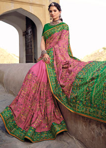Kobi Pink Banarasi Silk Saree with Mirror, Diamond & Kachhi work