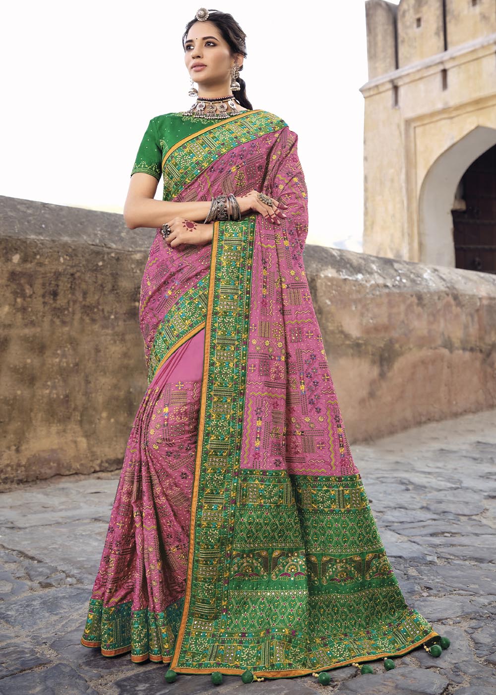 Kobi Pink Banarasi Silk Saree with Mirror, Diamond & Kachhi work