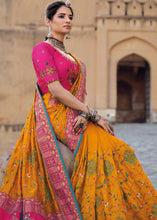 Load image into Gallery viewer, Saffron Yellow Banarasi Silk Saree with Mirror, Diamond &amp; Kachhi work