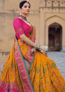 Saffron Yellow Banarasi Silk Saree with Mirror, Diamond & Kachhi work