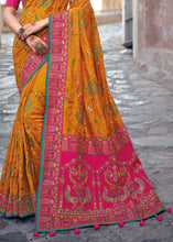 Load image into Gallery viewer, Saffron Yellow Banarasi Silk Saree with Mirror, Diamond &amp; Kachhi work