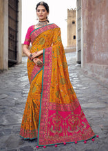 Load image into Gallery viewer, Saffron Yellow Banarasi Silk Saree with Mirror, Diamond &amp; Kachhi work