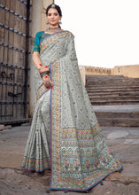 Load image into Gallery viewer, Smoke Grey Banarasi Silk Saree with Mirror, Diamond &amp; Kachhi work