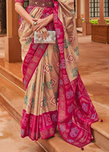 Load image into Gallery viewer, Light Brown &amp; Pink Printed Patola Silk Saree with Swaroski Work