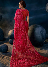 Load image into Gallery viewer, Ruby Red Digital Net Saree with Thread,Sequence, Zarkan, Moti &amp; All Over Flower Applique work