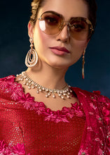 Load image into Gallery viewer, Ruby Red Digital Net Saree with Thread,Sequence, Zarkan, Moti &amp; All Over Flower Applique work