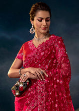 Load image into Gallery viewer, Ruby Red Digital Net Saree with Thread,Sequence, Zarkan, Moti &amp; All Over Flower Applique work