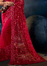 Load image into Gallery viewer, Ruby Red Digital Net Saree with Thread,Sequence, Zarkan, Moti &amp; All Over Flower Applique work