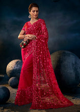 Load image into Gallery viewer, Ruby Red Digital Net Saree with Thread,Sequence, Zarkan, Moti &amp; All Over Flower Applique work