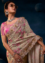 Load image into Gallery viewer, Beige Brown Designer Net Saree with Moti,Zari work &amp; Imported Fabric Sequence Pallu