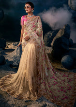 Load image into Gallery viewer, Beige Brown Designer Net Saree with Moti,Zari work &amp; Imported Fabric Sequence Pallu