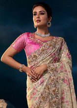 Load image into Gallery viewer, Beige Brown Designer Net Saree with Moti,Zari work &amp; Imported Fabric Sequence Pallu
