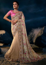Load image into Gallery viewer, Beige Brown Designer Net Saree with Moti,Zari work &amp; Imported Fabric Sequence Pallu
