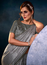 Cargar imagen en el visor de la galería, Iron Grey Designer Imported Fabric Saree with Cut Dana ,Moti, Zarkan &amp; Crystal work