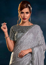 Cargar imagen en el visor de la galería, Iron Grey Designer Imported Fabric Saree with Cut Dana ,Moti, Zarkan &amp; Crystal work