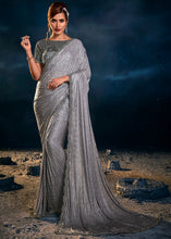 Cargar imagen en el visor de la galería, Iron Grey Designer Imported Fabric Saree with Cut Dana ,Moti, Zarkan &amp; Crystal work