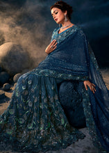 Load image into Gallery viewer, Turkish Blue Designer Net Saree with Thread,Sequence,Moti,Zarkan work &amp; Imported Fabric Sequence Pallu
