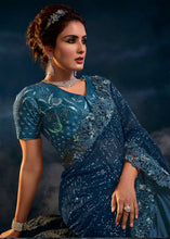 Load image into Gallery viewer, Turkish Blue Designer Net Saree with Thread,Sequence,Moti,Zarkan work &amp; Imported Fabric Sequence Pallu