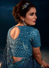 Load image into Gallery viewer, Turkish Blue Designer Net Saree with Thread,Sequence,Moti,Zarkan work &amp; Imported Fabric Sequence Pallu