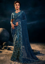 Load image into Gallery viewer, Turkish Blue Designer Net Saree with Thread,Sequence,Moti,Zarkan work &amp; Imported Fabric Sequence Pallu