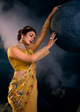 Load image into Gallery viewer, Mustard Yellow Designer Net Saree with Thread,Crystal,Mirror,Zarkan work &amp; Imported Fabric Digital Print Pallu