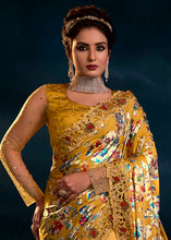 Load image into Gallery viewer, Mustard Yellow Designer Net Saree with Thread,Crystal,Mirror,Zarkan work &amp; Imported Fabric Digital Print Pallu