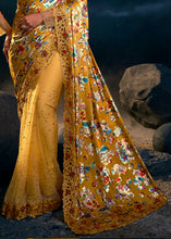 Load image into Gallery viewer, Mustard Yellow Designer Net Saree with Thread,Crystal,Mirror,Zarkan work &amp; Imported Fabric Digital Print Pallu