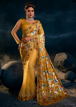 Load image into Gallery viewer, Mustard Yellow Designer Net Saree with Thread,Crystal,Mirror,Zarkan work &amp; Imported Fabric Digital Print Pallu
