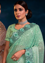 Load image into Gallery viewer, Sea Green Designer Imported Fabric Sequence Saree with Mirror, Zari, Diamond &amp; Sequence Flower Applique work