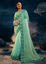 Load image into Gallery viewer, Sea Green Designer Imported Fabric Sequence Saree with Mirror, Zari, Diamond &amp; Sequence Flower Applique work