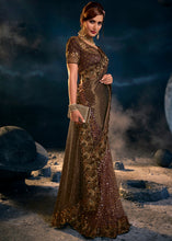 Load image into Gallery viewer, Chocolate Brown Designer Net Saree with Diamond,Sequence,Crystal,Zari work &amp; Imported Fabric Sequence Pallu