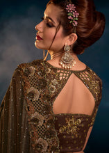 Load image into Gallery viewer, Chocolate Brown Designer Net Saree with Diamond,Sequence,Crystal,Zari work &amp; Imported Fabric Sequence Pallu