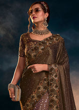 Load image into Gallery viewer, Chocolate Brown Designer Net Saree with Diamond,Sequence,Crystal,Zari work &amp; Imported Fabric Sequence Pallu