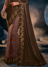 Load image into Gallery viewer, Chocolate Brown Designer Net Saree with Diamond,Sequence,Crystal,Zari work &amp; Imported Fabric Sequence Pallu
