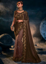 Load image into Gallery viewer, Chocolate Brown Designer Net Saree with Diamond,Sequence,Crystal,Zari work &amp; Imported Fabric Sequence Pallu