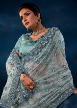 Load image into Gallery viewer, Light Grey Digital Net Saree with Thread,Sequence, Zarkan, Moti &amp; All Over Flower Applique work