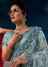 Load image into Gallery viewer, Light Grey Digital Net Saree with Thread,Sequence, Zarkan, Moti &amp; All Over Flower Applique work