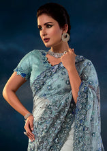 Load image into Gallery viewer, Light Grey Digital Net Saree with Thread,Sequence, Zarkan, Moti &amp; All Over Flower Applique work