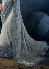 Load image into Gallery viewer, Light Grey Digital Net Saree with Thread,Sequence, Zarkan, Moti &amp; All Over Flower Applique work